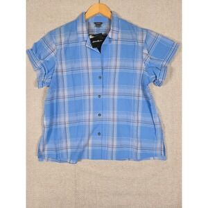 NWT Eddie Bauer Womens Plaid Camp Shirt Blue White Short Sleeve Size Large